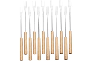 HYTROVE 12Pcs Stainless Steel Cheese Fondue Forks with Wood Handles Heat-Resistant Chocolate Dipping Skewers