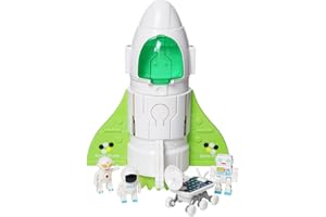 Jomifin Spaceship Toy for Boys Girls, Space Shuttle Toys with Lights&Sound, 3 Astronauts Figure, Openable Cockpit, Spray Exhaust, Astro Venture Space Playset with Lunar car (Green)
