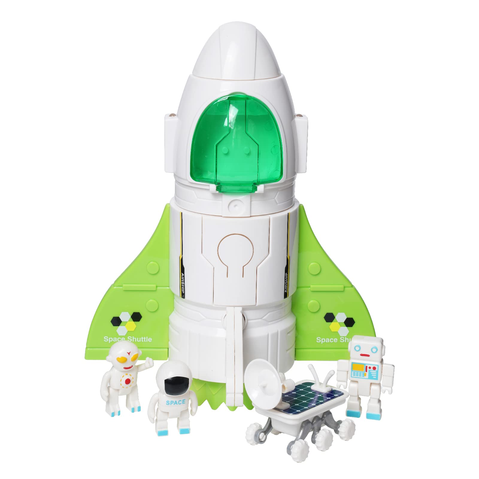 HOMCENT Spaceship Toy for Boys, Space Shuttle Toys with Lights&Sound, 3 Astronauts Figure, Openable Cockpit, Spray Exhaust, Astro Venture Space Playset with Lunar Car (Green)