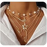 Layered Gold Plated Heart Butterfly Pendant Necklaces for Women,Stackable Pearl Besded Nacklace Set Valentine's Day Banquet Jewelrys Accessories Gifts