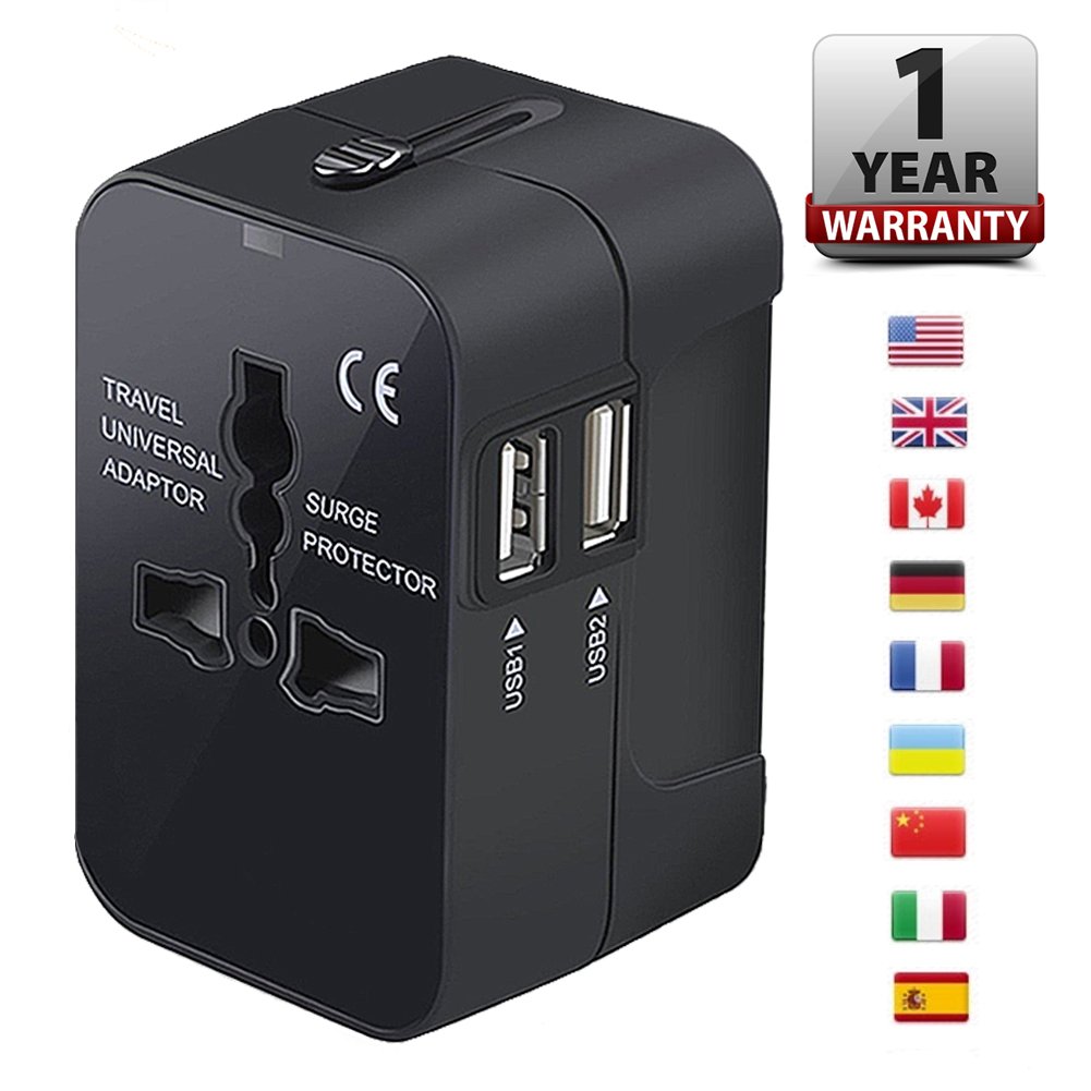 Universal World Travel Adapter with Dual USB Charging Ports for Cell Phones and