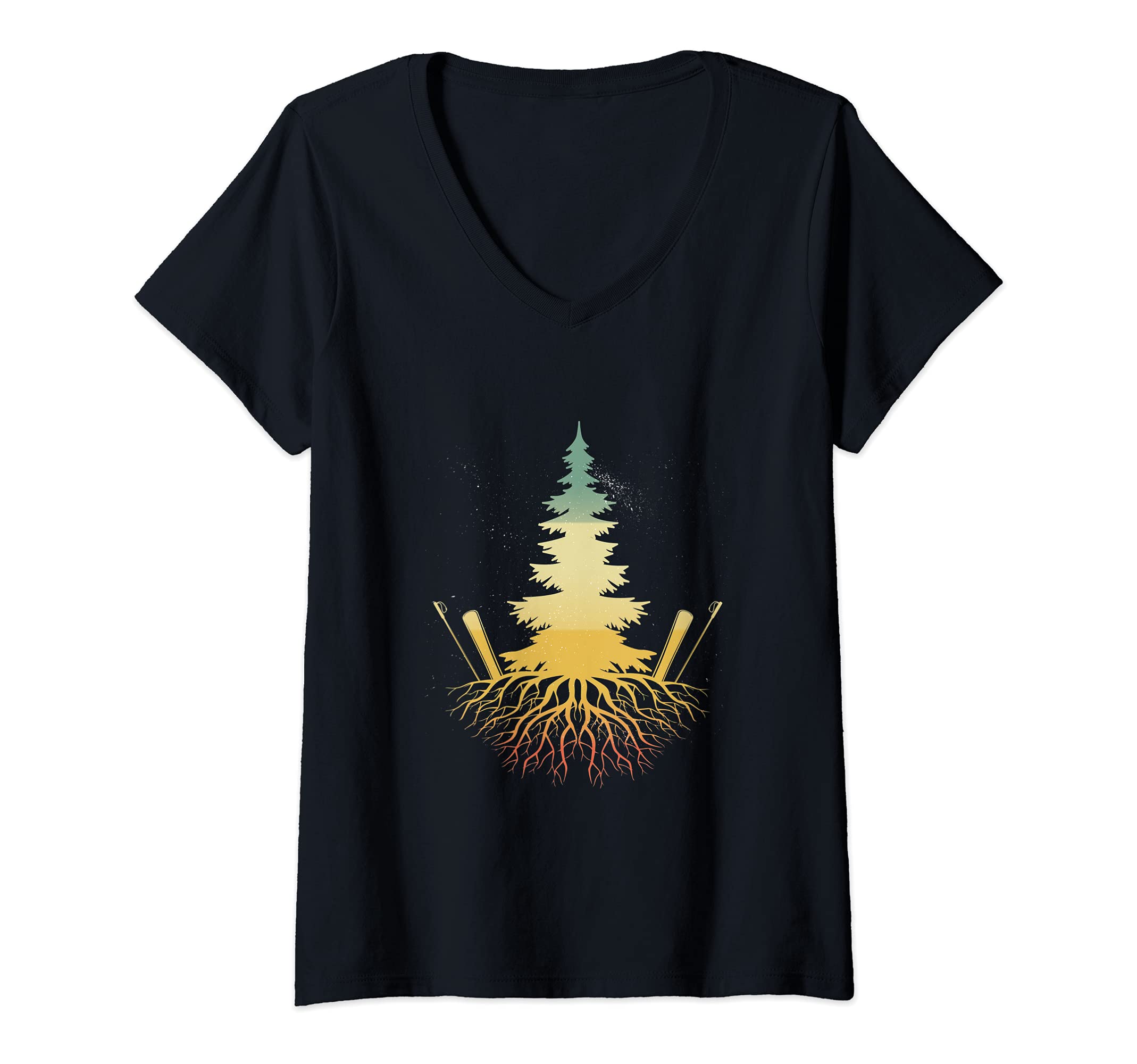 Womens Vintage Tree Nature Snow Mountains Ski Sporty Skies Skiing V-Neck T-Shirt