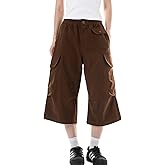 Elincho Baggy Cargo Pants for Women Casual Summer High Waisted Wide Leg Cropped Pants Capri Shorts with Pockets