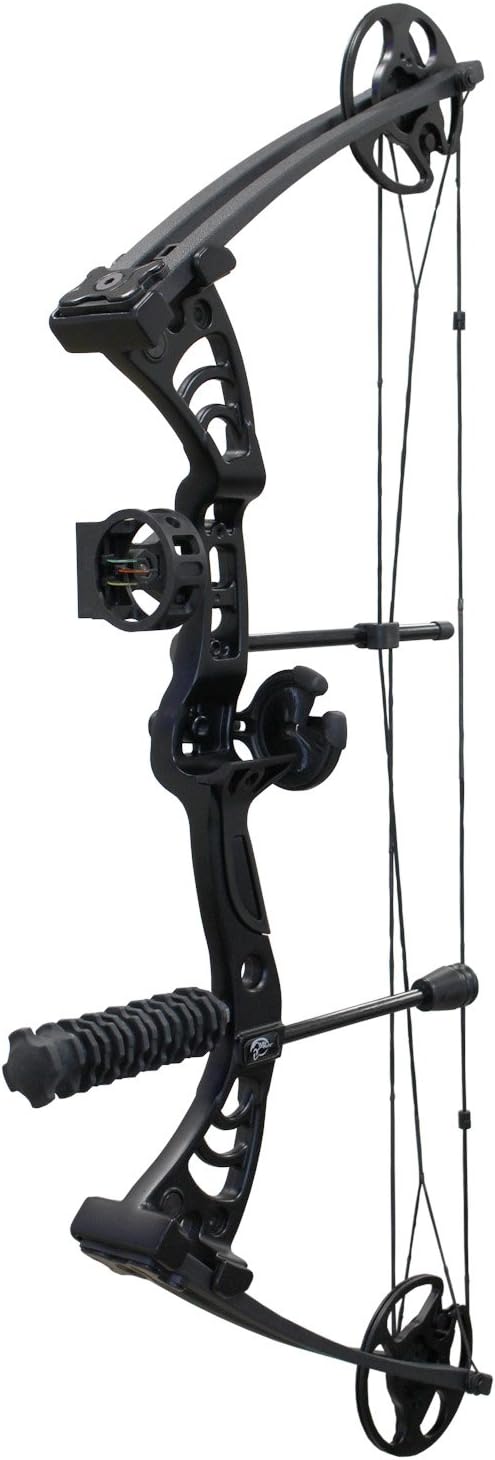 Composite arch made up of Hellbow Aurora adjustable 30-55 LBS pulleys and an aperture of 19 to 29". For right-handed ones, black color with multiple accessories.
