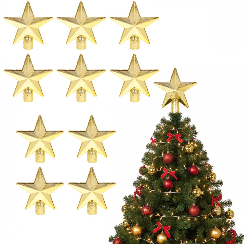 ifundom 10pcs Mini Gold Star Christmas Tree Topper, Small Gold Star Topper for Christmas Party Holiday Home Decorations, Treetop for Xmas Tree