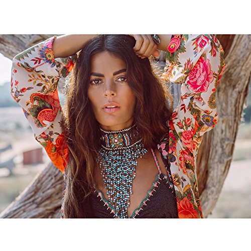HTDBKDBK Women's Boho Print Floral Loose Shawl Kimono Cardigan Top Cover Up Blouse Wear with Bikini Swimwear White - Thumbnail 3