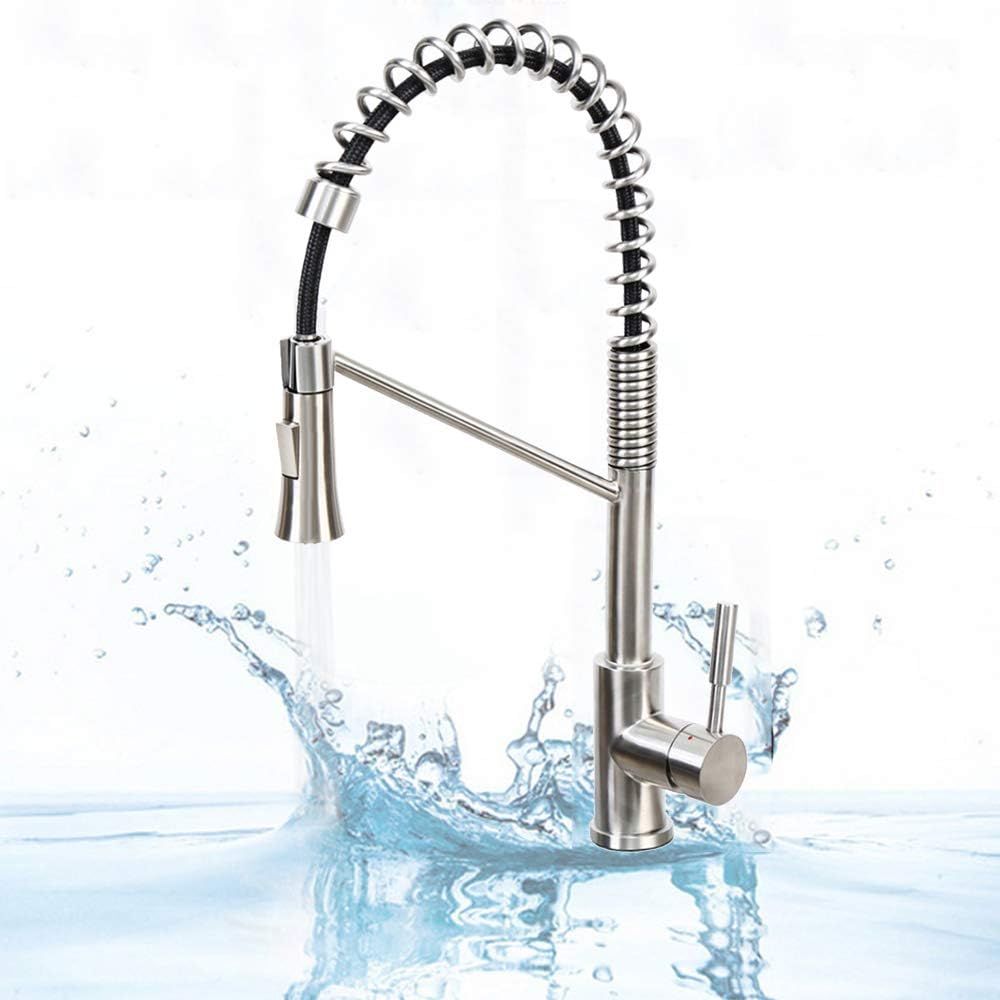 XuanYue Commercial 360 Degree Single Level Handle High Arch Brushed Nickel Spring Pull out Kitchen Faucet, Stainless Steel Kitchen Sink Faucets with Pull down Sprayer