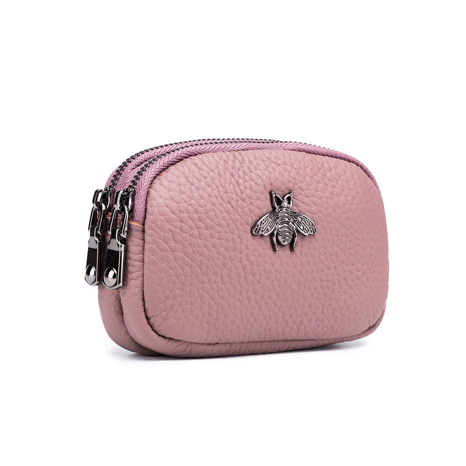 ZOONAI Genuine Leather Double Zipper Coin Purse Bee Change Pouch Credit Card Holder (Pink)