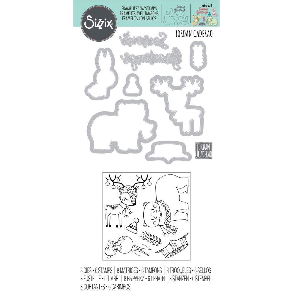 Sizzix Framelits Die Set 663671 8 Pack with Stamps Folk Christmas by Jordan Caderao, One Size