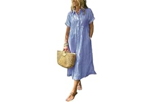 Women's Dress Boho Striped Shirt Dress Button Up Side Slit Loose Mid Long Cotton Dress with Pockets