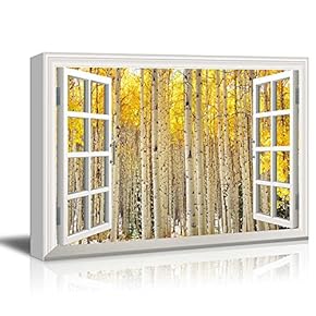 Window View Canvas Wall Art - Birch Trees with Yellow Leaves - Giclee Print Gallery Wrap Modern Home Art Ready to Hang - 12x18 inches
