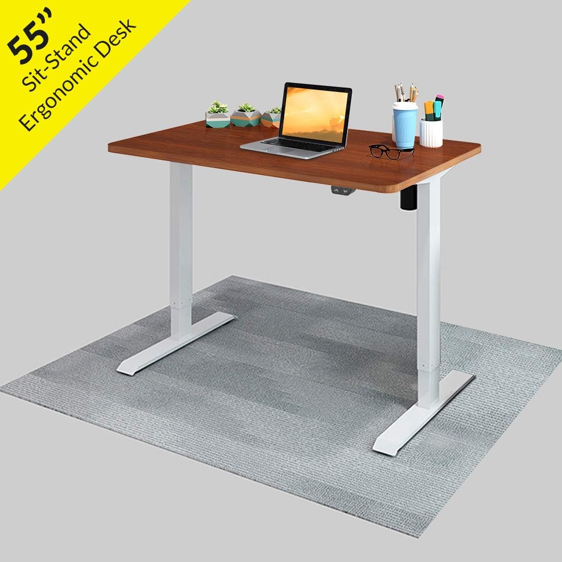 Electric Height Adjustable Standing Desk, 55" Sit Stand Up Computer Desk Workstation for Home Office (White Frame/Walnut Desktop, 55 x 28 inch)