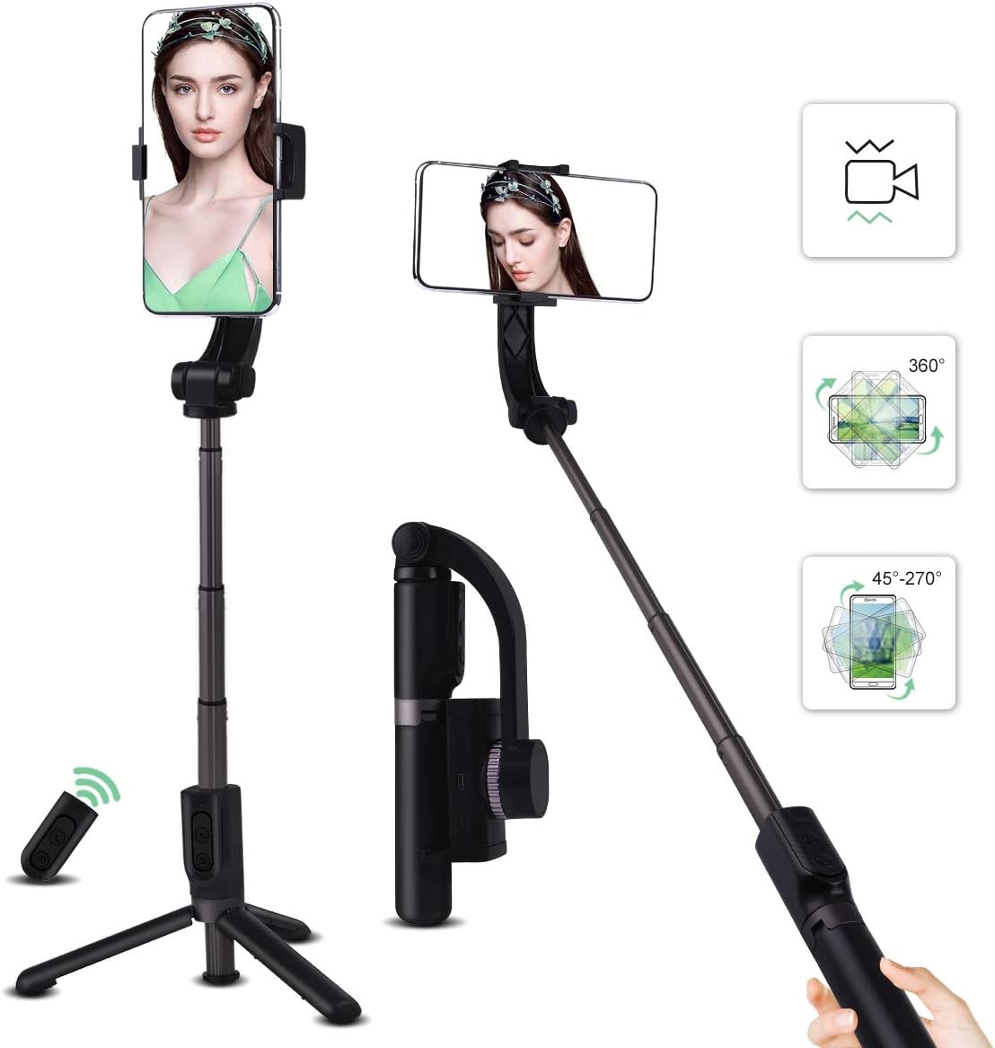 Rcharlance Selfie Stick Tripod with One-Axis Gimbal Stabilizer, Selfie Stick with Wireless Bluetooth Remote for iPhone XS/XS Max/XR/X/8 Plus/8/7 Plus/7/Samsung Galaxy up to 3.5-6 inch Phones