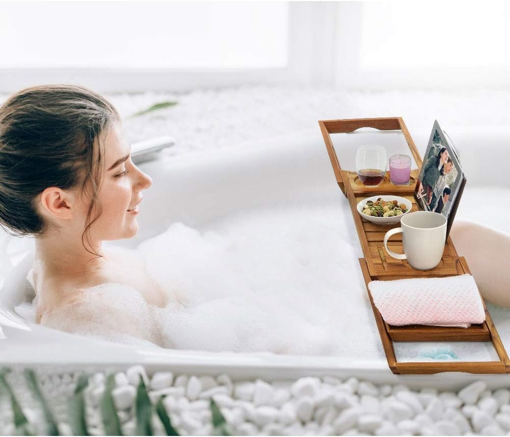 Expandable Bath Tray for Tub with Upgraded Wine Slots and Book Holder Ideal for One or Two