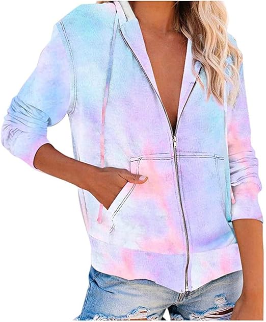 Tie-Dye Printed Hooded Sweater Coat,Women's Long Sleeve Sweatshirt Zipper Pockets Outwear Tops 