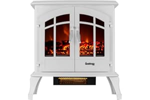 e-Flame USA Jasper Freestanding Electric Fireplace Stove Heater - Realistic 3-D Log and Fire Effect (White)