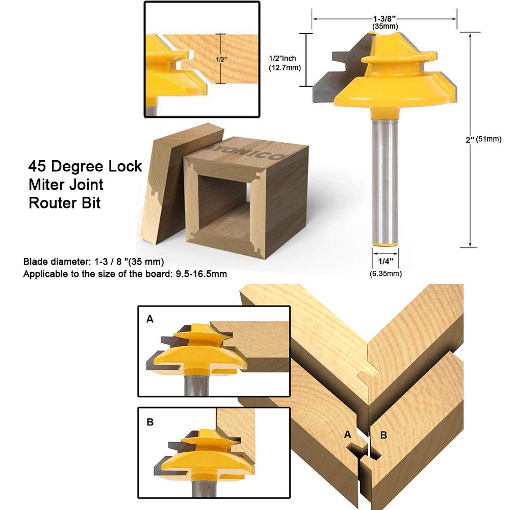 ASNOMY 45 Degree Lock Miter Joint Router Bits + 2 Pieces Tongue and Groove Set ，1/4 Inch Shank