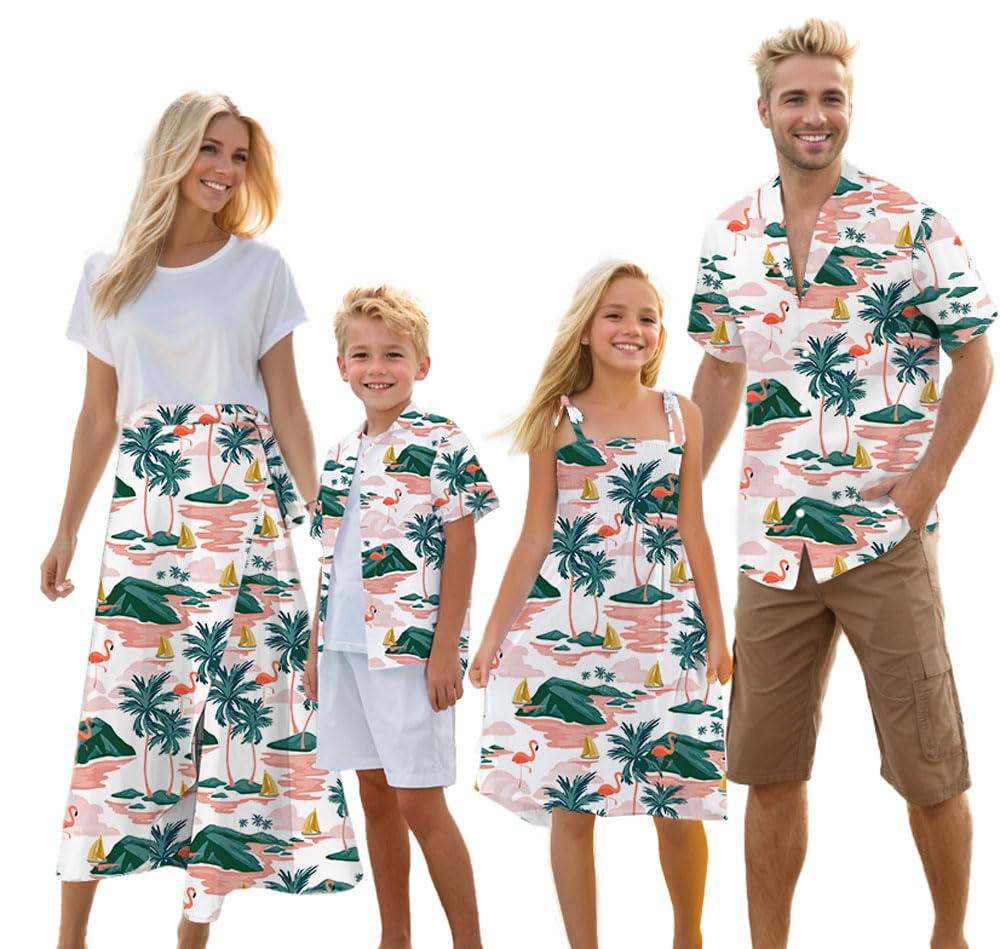 Photo 1 of Cromoncent Matching Hawaiian Outfits for Family, Dad and Son Matching Luau Beach Tropical Shirts Mommy Daughter Tropical Sets?Hawaiian Dress?Flamingo White,11-12Y=Tag170