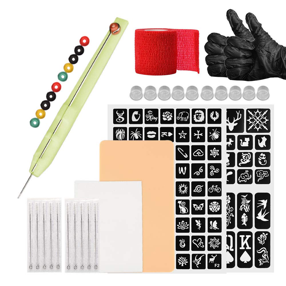 ATOMUS Tattoo Stick and Poke DIY Supplies Set 2pcs 10pcs M Tattoo Ink Cups Hand Poke Pen Needles 5pcs 3RL 5RL with red Bandages