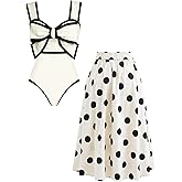 FLAXMAKER Black and White Swimsuit Bow-tie Decor Women's Polka dot Print Skirt One Piece Bathing Suit with Skirt