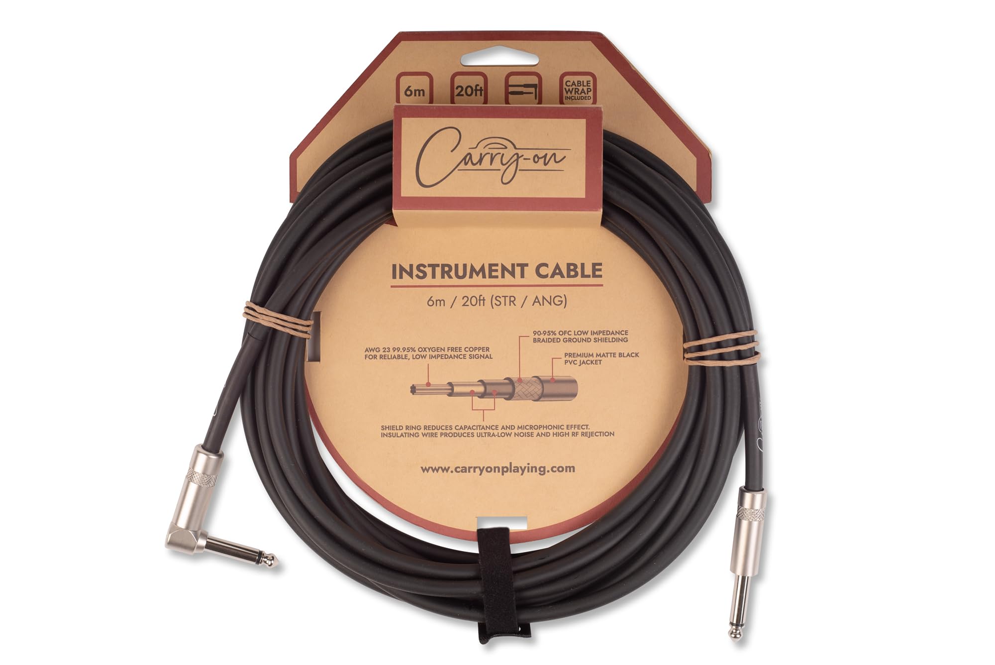 Carry-on 6m (20ft) Instrument Cable Straight ¼” Jack to Angle ¼” Jack for Bass/Electric Guitar/Electro-Acoustic/Keyboard/Amp
