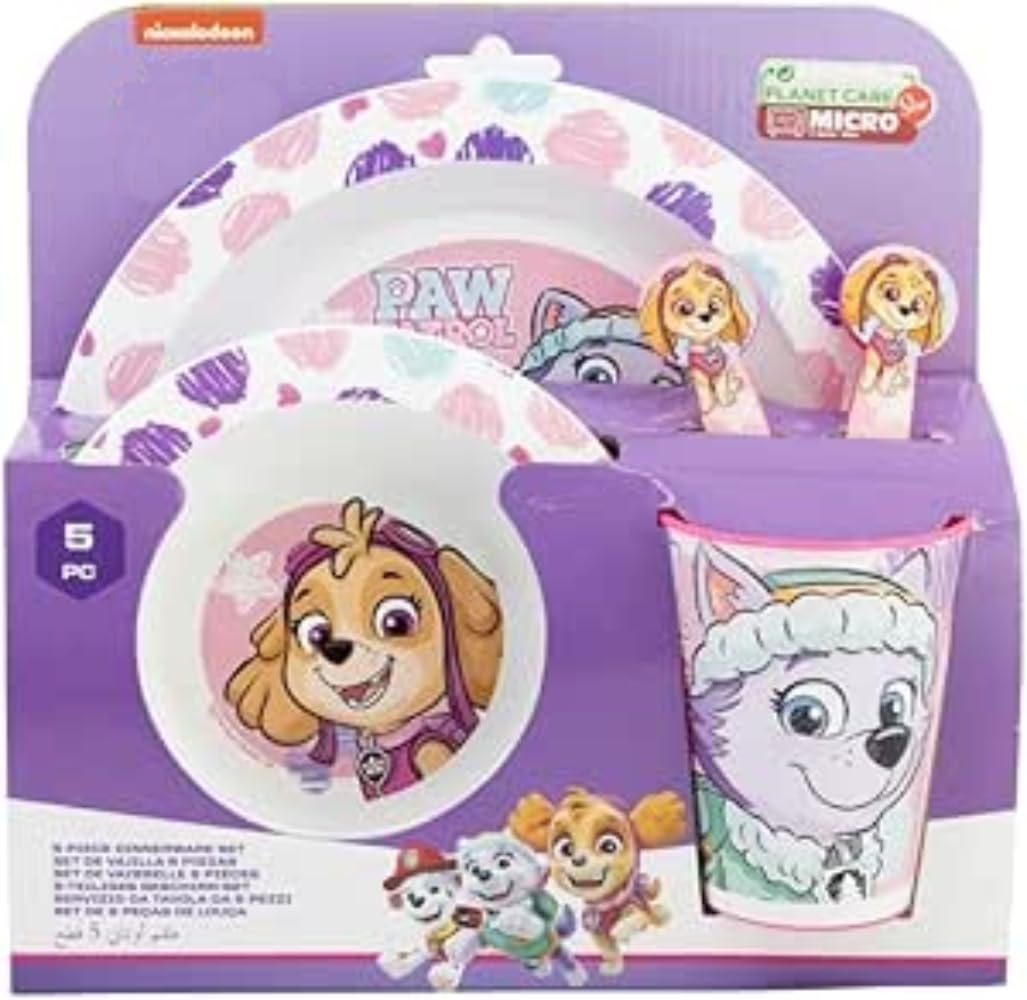 Microwave Safe 5pcs Character Animation 2023 Cartoon Dinner Tableware Set Plate, Bowl, Cup, Fork, Spoon BPA Free re-usable Plastic (Paw Patrol Girl Skye)