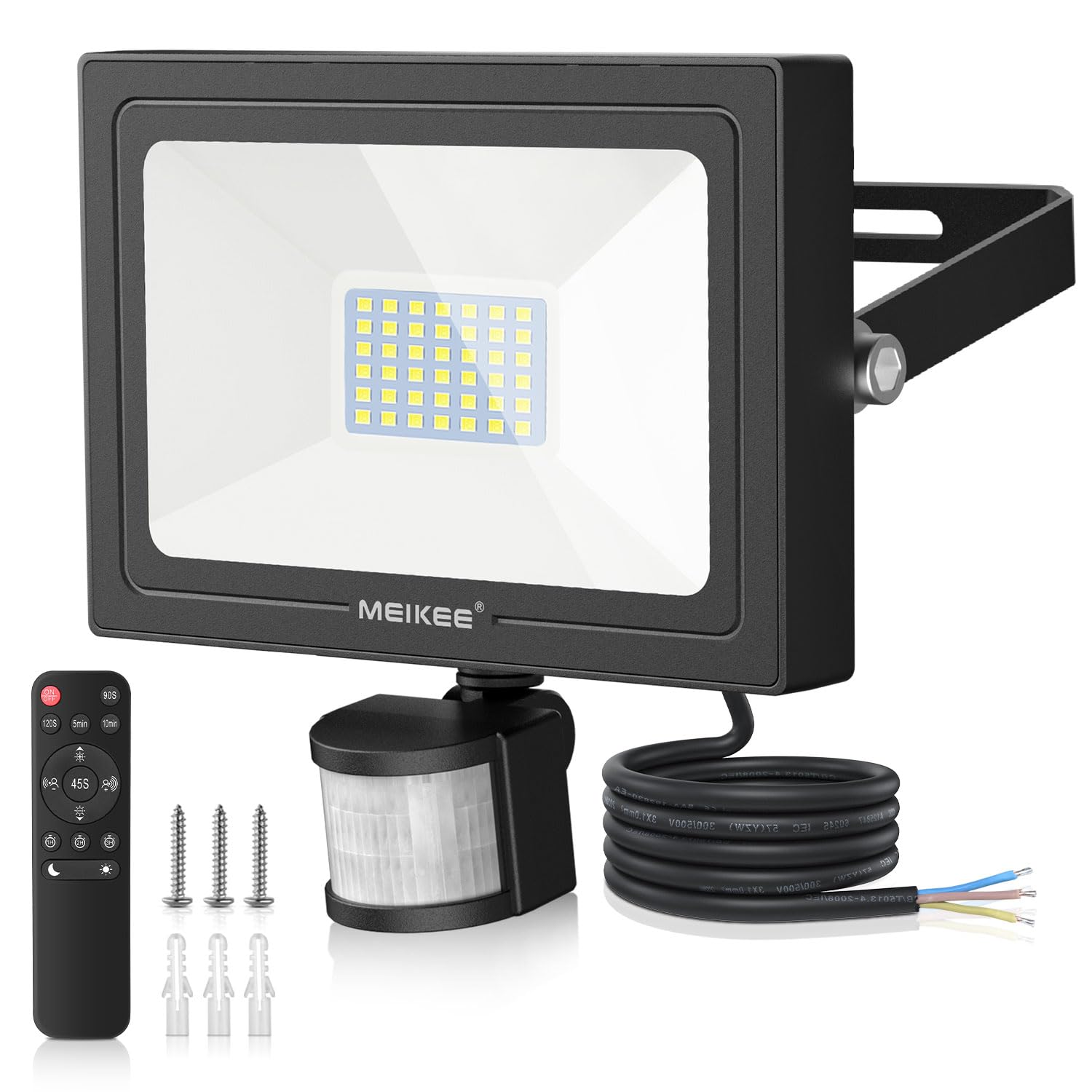 MEIKEE 35W Security Lights with Motion Sensor 3290 Lumen Dimmable PIR Floodlights Outdoor Lights 12m PIR Detection Button & Remote Adjustable IP66 Waterproof for Garden Corridor Entrance Backyard