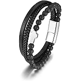 Zysta Cross Bracelet for Men Multi-Layer Cross Leather Bracelet Lava Rock Stone Black Agate Braided Leather Bracelet with Stainless Steel Clasp Mens Inspirational Bracelets Cuff Wristband 8.7 Inch