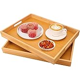 Geytetqi 2 Pack Large Bamboo Serving Tray with Handles - 16 x 11.6 Inch Wooden Dinner Tray, Home Kitchen Decorative Tray, Breakfast Trays for Eating on Couch, Lap Trays, Coffee, Kitchen, Picnic