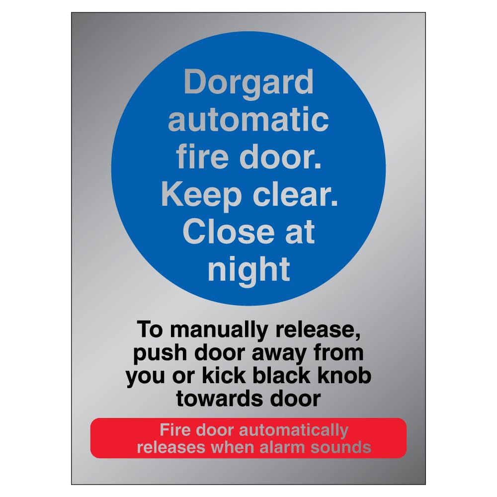 V Safety Photoluminescent Dorgard Automatic Fire Door - To Manually Release Push Door 150 x 200 mm - 3mm Brushed Aluminium Composite Safety Sign
