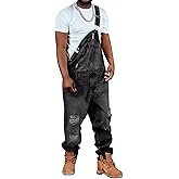 Runcati Men's Denim Bib Overall Ripped Distressed Jean Fashion Casual Adjustable Strap Loose Fit Hippie Jumpsuit