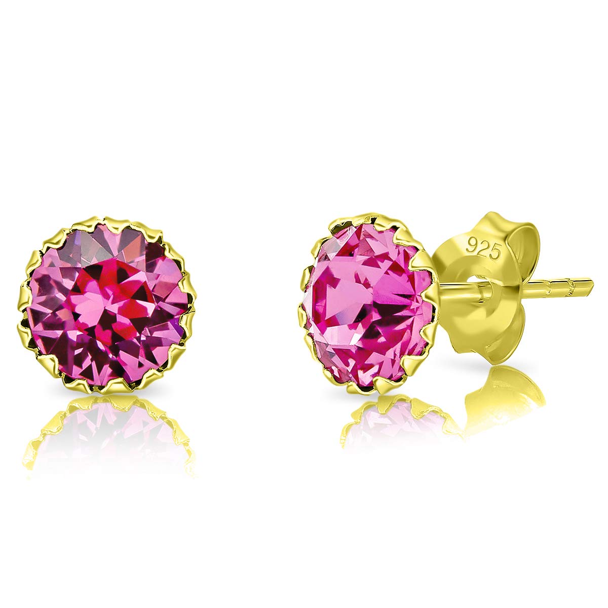 DTPSilver - 925 Sterling Silver Yellow Gold Plated Round Stud Earrings made with Glittering Crystals from Swarovski® Elements - Diameter: 6 mm - Rose