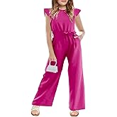 CharmWM Girls Casual Jumpsuit Kids Fashion Cap Sleeve Belted Wide Leg Romper One Piece Outfits with Pockets