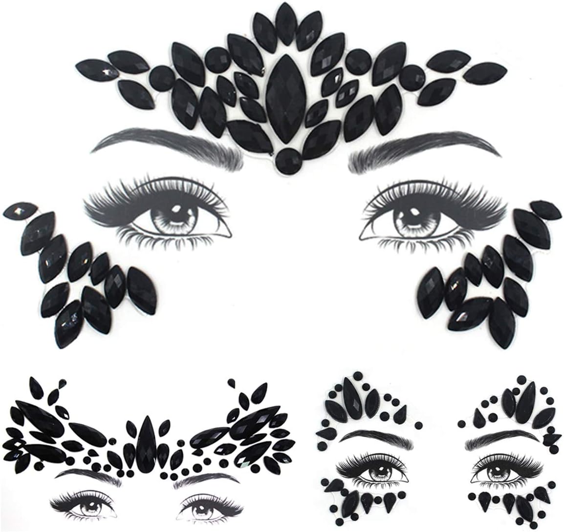 Halloween Face Gems Black, 3Pcs Day of the Dead Face Jewels Makeup Stickers Crystals, Festival Make up Kit Costume for Women Men - Image 3