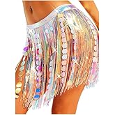 TWINKLEDE Sparkly Sequin Fringe Skirt Tassel Belly Dance Hip Scarf Rave Costume Skirts for Women