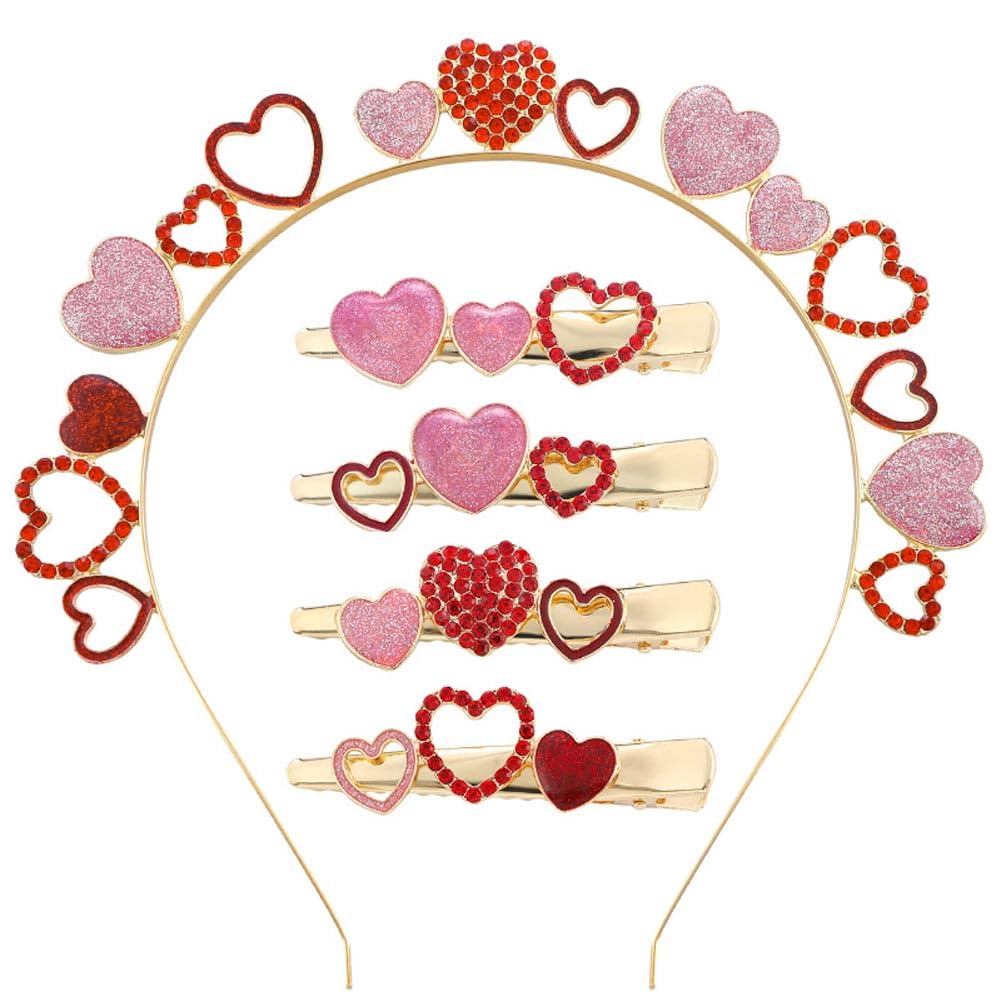 Valentine's Day Heart-Shaped Headband and Hair Clips - Pink Alloy Crystal Hair Accessories, Sweet and Romantic Side Clips for Women Girls Valentines Party Hair Accessory Perfect New Year Gift