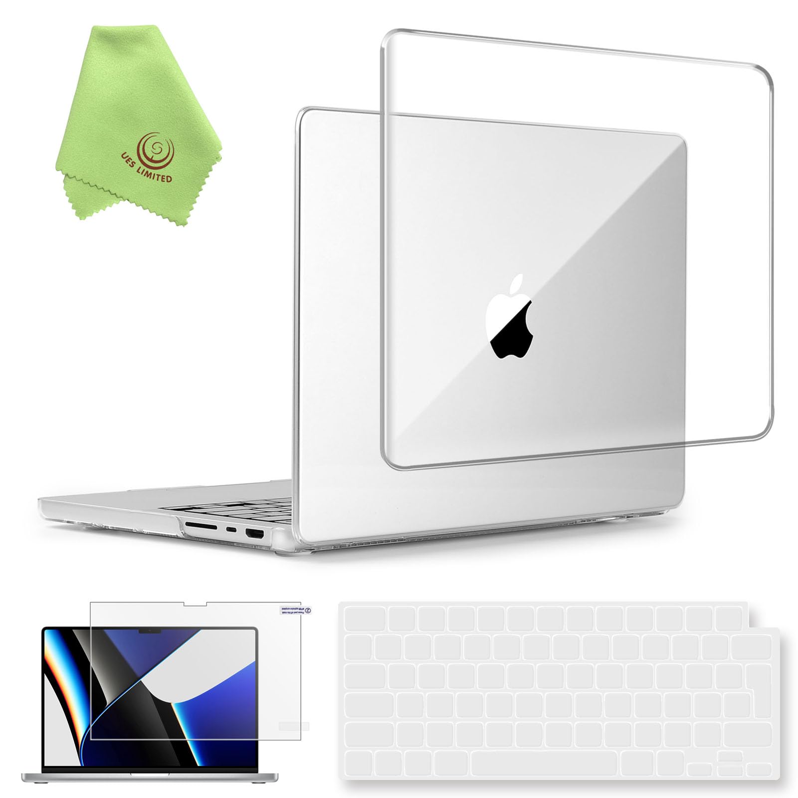 UESWILL 3in1 Compatible with MacBook Pro 14 inch M5 M4 M3 M2 M1 Pro Max chip (2021-2026 Release), Glossy See through Crystal Case + UK Layout Keyboard Cover + Screen Protector, Transparent