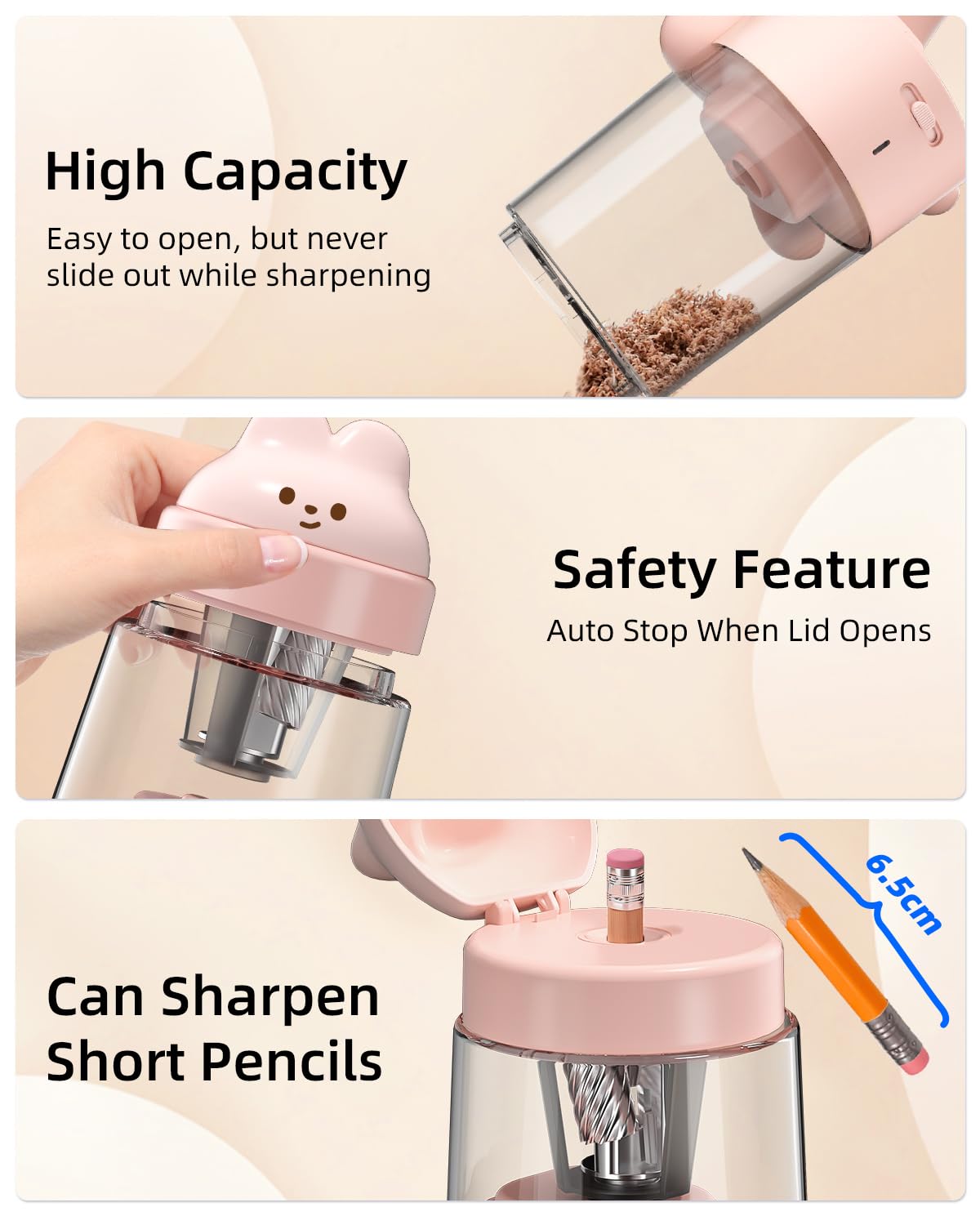ZMOL Electric Pencil Sharpeners, Colored Pencil Sharpener for Kids, Auto Stop, Rechargeable Pencil Sharpener for Battery Powered Cute No.2/Colored Pencils (6-8mm), Classroom/Office/Home (Pink)