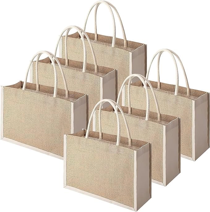 TESIN 6 Pack Burlap Tote Bags, Reusable Jute Tote Beach Bags with Handles Gift Totes Grocery Bags for Women Bridesmaid DIY Embroidery, Shopping, Trip, Wedding Party, 32 x 22 x 10cm