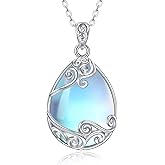YAFEINI 925 Sterling Silver Moonstone Necklace Filigree Teardrop Pendant Necklace Jewelry for Women Girls