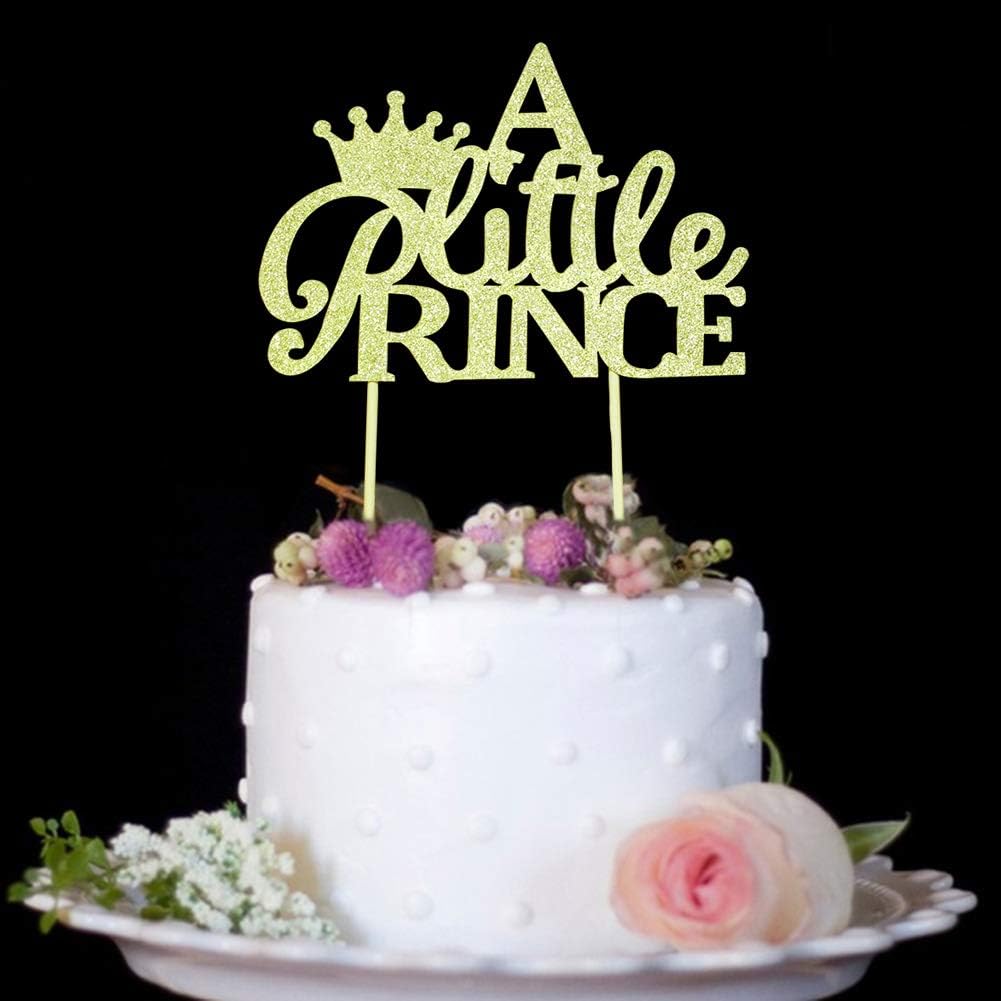 A Little Prince with Crown Cake Topper for Boy Baby Shower, Birthday, Wedding Party Decorations Gold Glitter