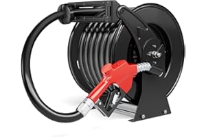 BREARO Retractable Fuel Hose Reel with Refueling Nozzle 1" x 50ft Spring Driven Diesel Hose Reel 300 PSI Industrial Auto Swivel Heavy Duty Steel Construction Reel for Ship Vehicle Tank Truck, Black