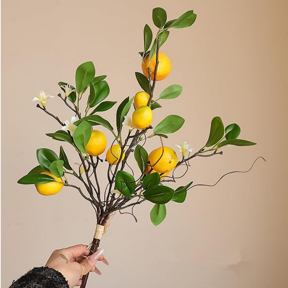 Artificial Lemons Branches Decor,8 Head Faux Lemons Fruit with Green Leaf and Branch,Realistic Fake Lemon Decoration for Farmhouse Style Home Table Centerpiece and Home Decoration