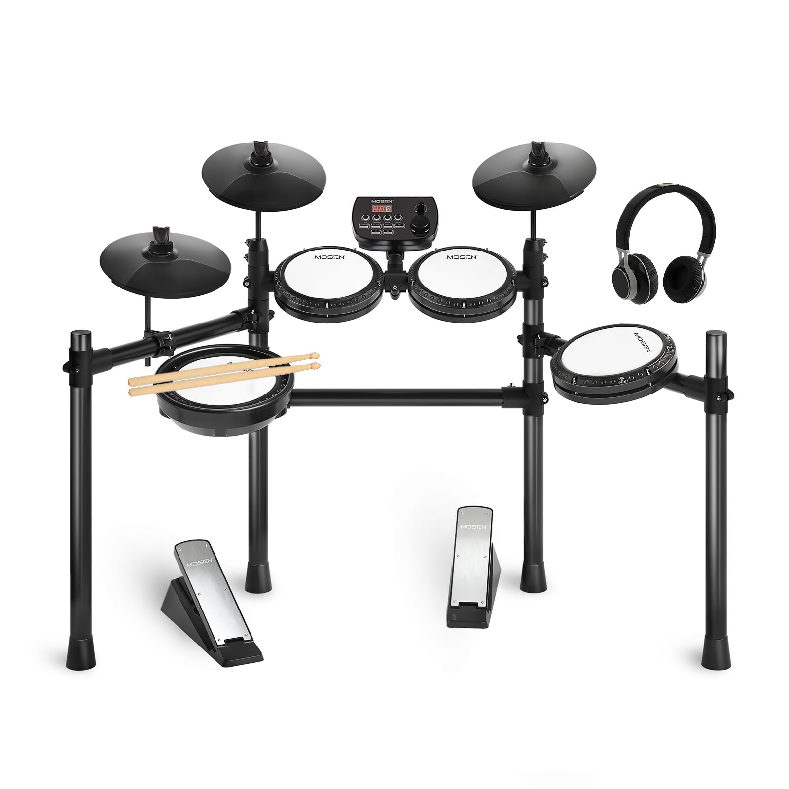 Photo 1 of MOSEN Electric Drum Set with 4 Quiet Mesh Drum Pads, Cymbals, Sticks, Headphones, USB MIDI, Kick Pedal, 195+ Sounds and 25 Drum Kits for Beginner MED-X3