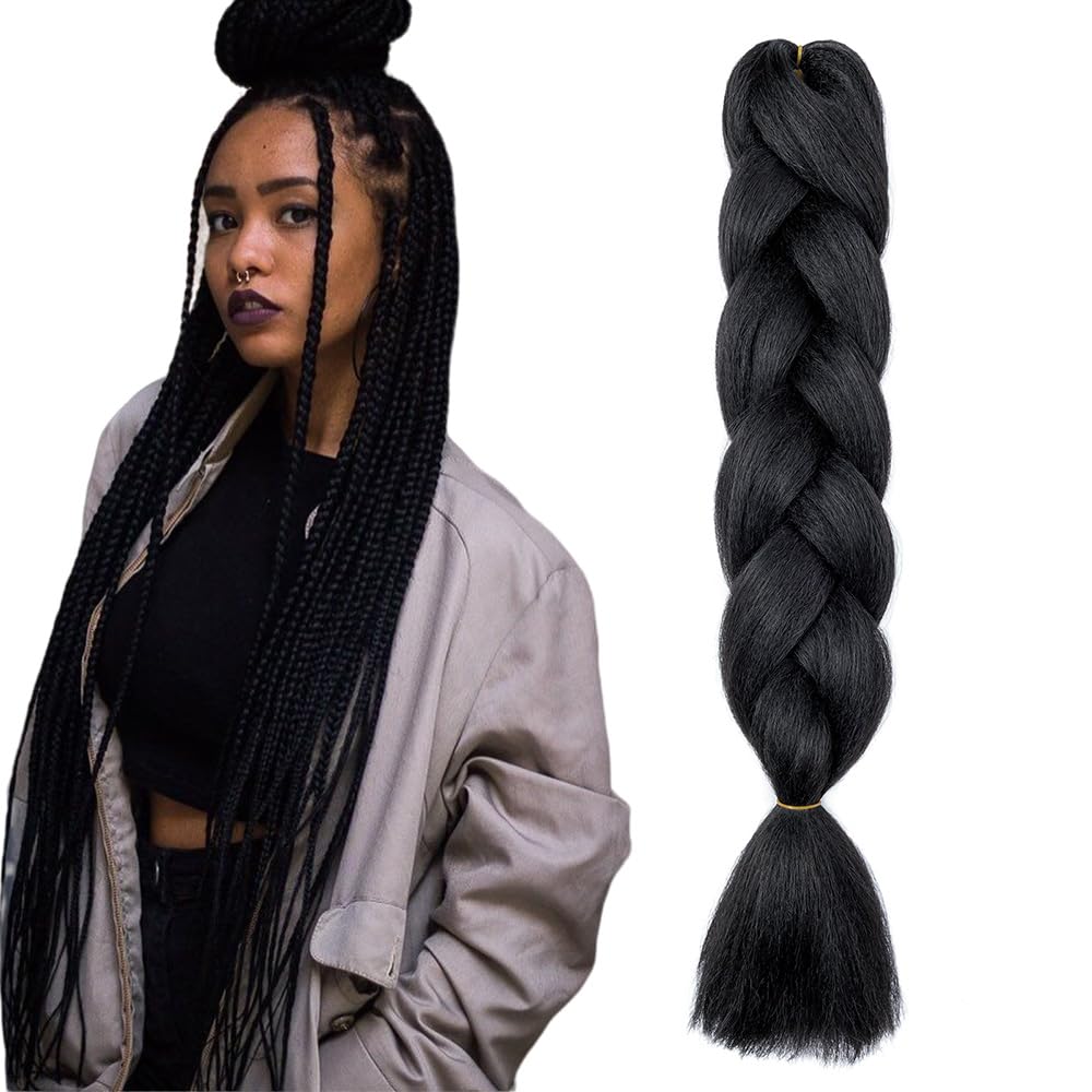 Cybelleza 24inch Ombre Jumbo Braids Hair Extensions Braiding Hair Pieces 1pcs Bundles Synthetic Jumbo Braid Hair Crochet Twist African Box, Dark Black