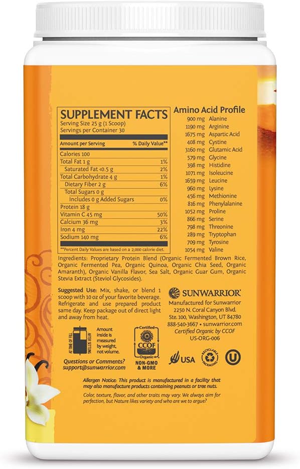 Sunwarrior Classic Plus Organic Vegan Protein Powder with BCAAs and Pea Protein (Vanilla, 30 Servings): Health & Personal Care