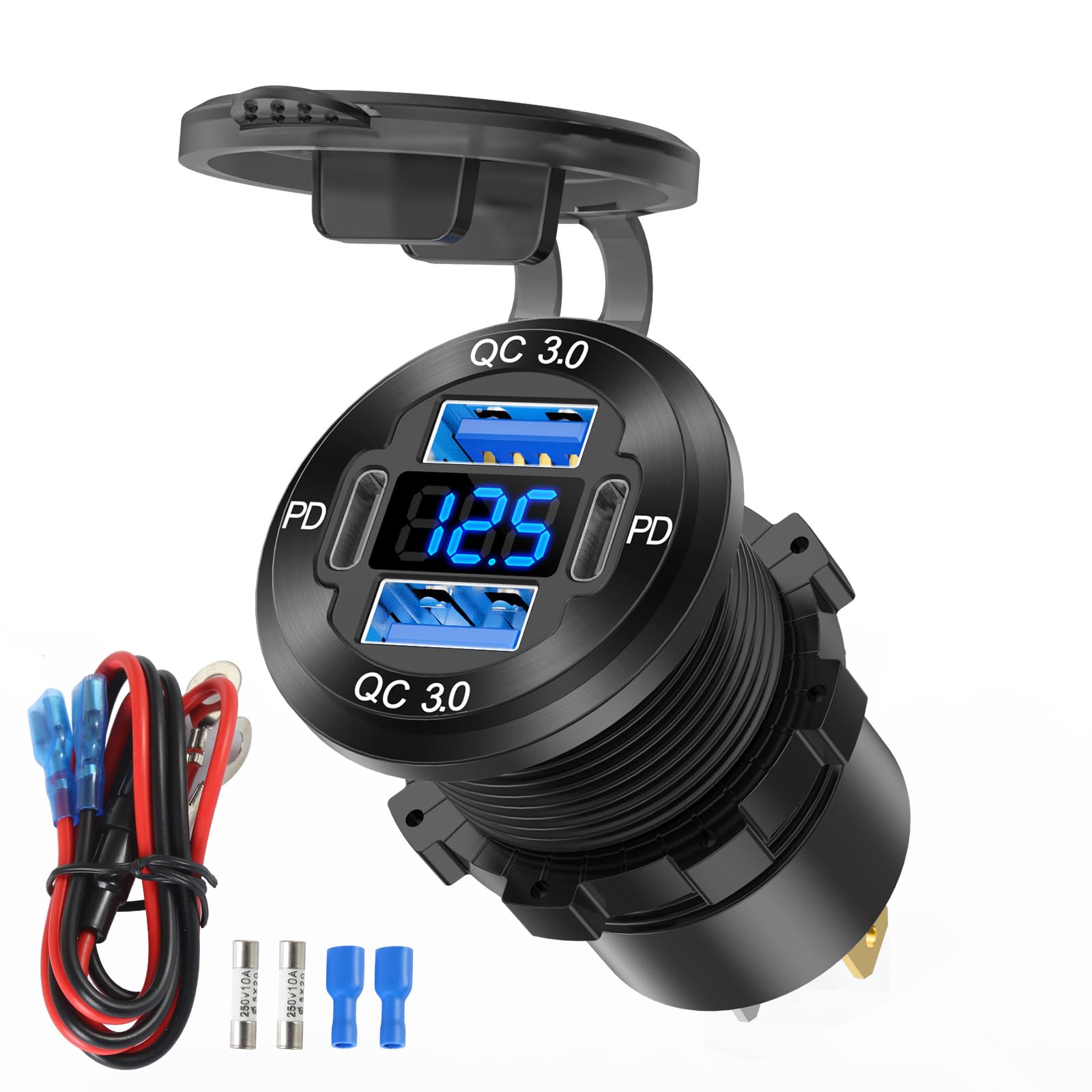 78W 12V USB Outlet 4 Port Car Charger Socket, Dual PD USB C and Dual Quick Charge 3.0 Port Aluminum Charger with Voltmeter DIY Kit Waterproof for Car Boat Marine Motorcycle RV ATV Truck Golf Cart, etc