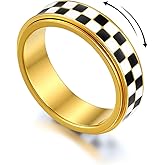 YemmxLoo Checkered Fidget Spinner Ring for Adults, 18K Gold Plated Stainless Steel Rotating Anxiety Relief Jewelry Gift for Women Men(Black and White Pattern)