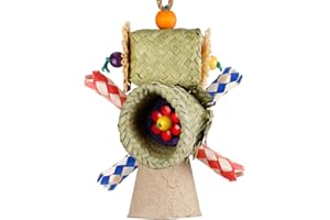 LOVYOCOCO Bird Toys,Bird Foraging Bark Sola Stick Nature's Bento Bag Edible Cattail Palm Leaf Woven Parrot Toys with Corn Husk for Lovebirds,Parakeets, Budgerigars, Conure, Cockatiel,Parrotlet,Budgie (windmill)