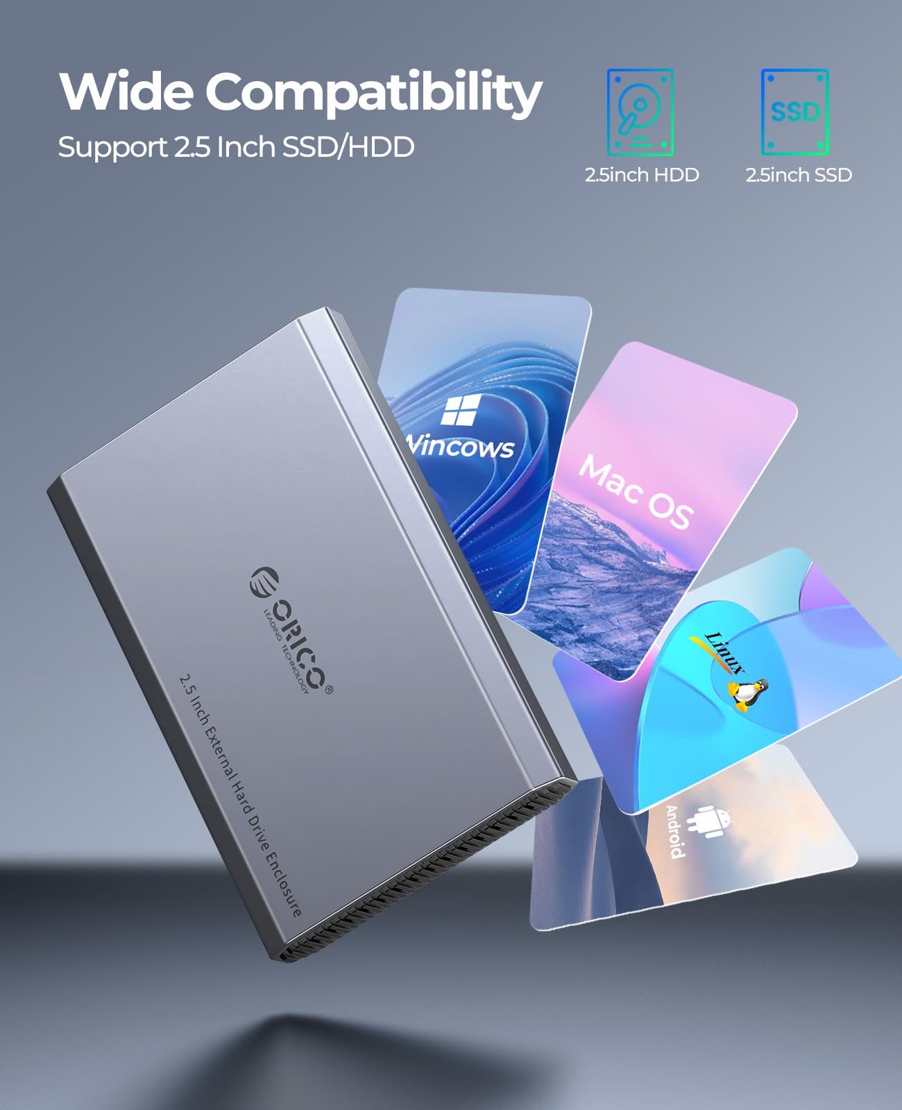 ORICO Aluminium Festplattengehäuse 2,5 Zoll USB-C 3.2 6Gbps Externes SSD Gehäuse für 2,5" SATA HDD SSD Maximal 6TB mit USB C/A 2-in-1 Kabel, Unterstützt UASP (DD25C3) 6